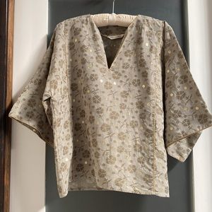 Oscar de la Renta Vintage Green Floral Top With Metallic Gold Dots